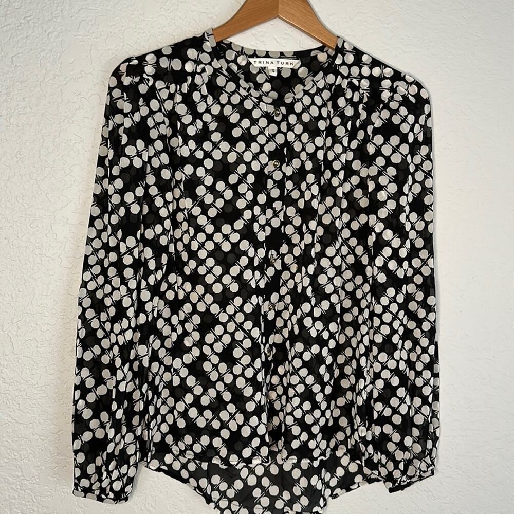 Trina Turk Silk Black Stretch Blouse Top Polka Dot Preppy Office Business Casual